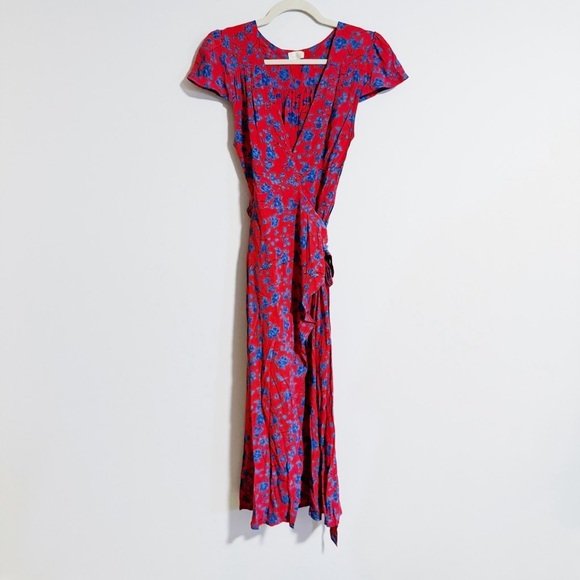 Gillia - Red and Blue Floral Wrap Midi Dress - Picture 1 of 6